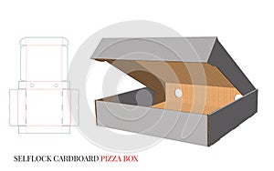 CARDBOARD PIZZA BOX, template with die cut lines. Clear, blank, isolated Pizza Box mock up on white background
