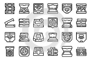 Cardboard pizza box icons set outline vector. Open food carton