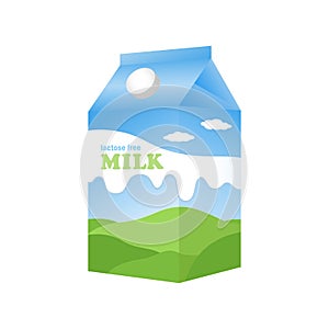 Cardboard rectangular small milk box packaging with pattern of meadows, sky and clouds and inscription Lactose free Milk, vector