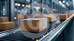 Cardboard Shipping Boxes Moving on Conveyor Belt in Automated Modern Packaging Facility