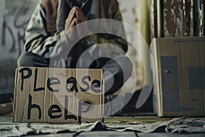 Cardboard sign with text \'Please help\' and homeless beggar in background