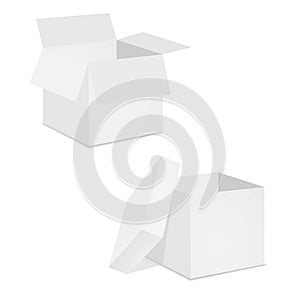 Cardboard square open gift boxes isolated on white background. In two projections. Vector illustration. Templates for