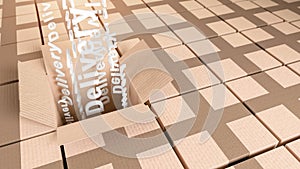 Cardboard storage boxes with delivery text concept 3D illustration