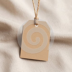 Cardboard Tag with String Hanging on Beige Textured Cloth Background