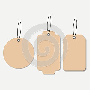 Cardboard tags. Empty hanging label with string. Vector.