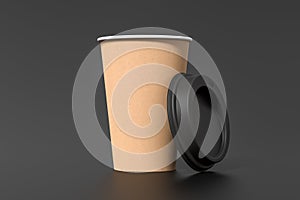 Cardboard take away coffee paper cup mock up with opened black lid on black background