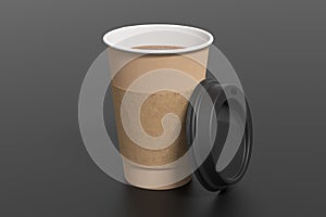 Cardboard take away coffee paper cup mock up with opened black lid with holder on black background