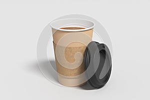 Cardboard take away coffee paper cup mock up with opened black lid with holder on white background