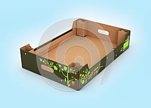 Cardboard tray box for vegetables and fruit on blue background 3d