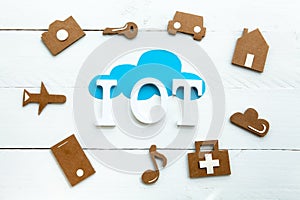 Cardboard web icons, blue cloud and Iinternet of things acronym