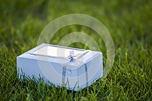 Cardboard white gift box with colorful handmade macaron cookies on green grass lawn background