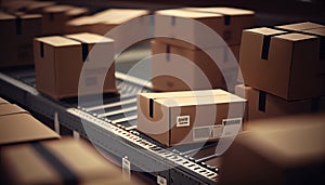 Cardboards boxes on the conveyor belt realistic. AI generated