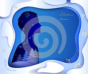 CardChristmas card concept, kids imagination, Christmas inside the kid soul, kid dream about santa surrounded with snow