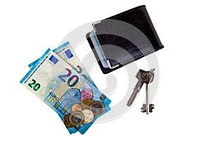Cardholder, money and keys isolated on white background