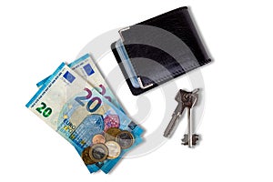 Cardholder, money and keys with shadows isolated on white background
