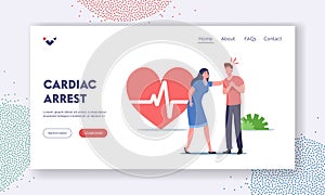 Cardiac Arrest Landing Page Template. Female Character Trying to Help Diseased Passerby with Heart Attack, First Aid