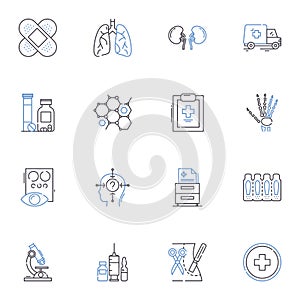 Cardiac center line icons collection. Heartbeat, Arrhythmia, Echocardiogram, Blood pressure, Electrocardiogram