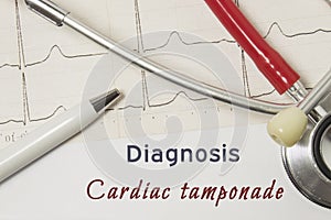 Cardiac diagnosis of Cardiac Tamponade. On doctor workplace is paper medical documentation, which indicated diagnosis of Cardiac T