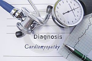 Cardiac diagnosis Cardiomyopathy. Medical form report with written diagnosis of Cardiomyopathy lying on table in doctor cabinet, s