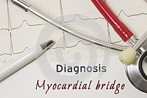 Cardiac diagnosis of Myocardial Bridge. On doctor workplace is paper medical documentation, which indicated diagnosis of Myocardia