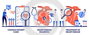 Cardiac patient card, heart disease diagnosis and treatment concept with tiny people. Heart attack abstract vector illustration