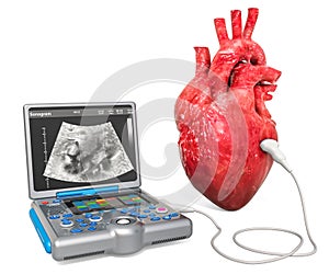 Cardiac Ultrasound concept. Human heart with medical ultrasound diagnostic machine, 3D rendering