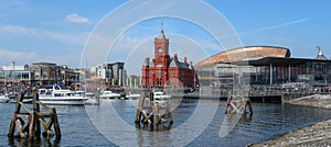 Cardiff Bay panoramic landmarks sunny blue sky day