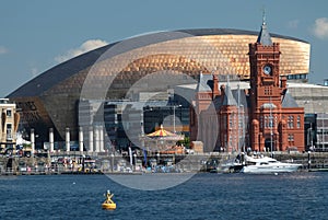 Cardiff Bay skyline, taken from the water, showing the Millennium Centre, Pierhead Building and other buildings on the harbour photo