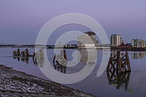 Cardiff Bay, Wales, at sunrise, looking across the calm waters