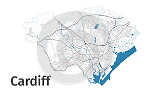 Cardiff map. Detailed map of Cardiff city administrative area. Cityscape panorama photo