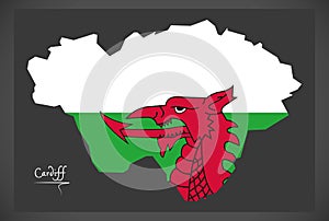 Cardiff Wales map with Welsh national flag