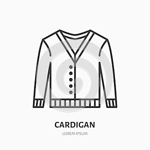 Cardigan, sweater flat line icon. Apparel store sign. Thin linear logo for clothing shop