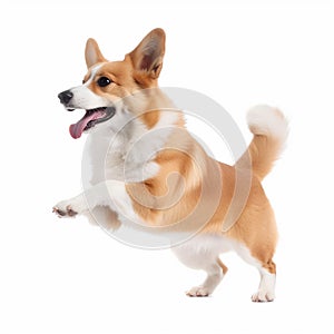 Cardigan Welsh Corgi dog jumping close up portrait isolated on white background. Cute pet, loyal friend, good companion