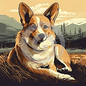 Cardigan welsh corgi, old vintage retro postcard style, close-up portrait, cute dog,