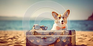Cardigan Welsh Corgis Sunny Retreat Suitcase Adventure and Stylish Sunglasses - travel and holiday concept. Generative AI