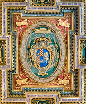 Cardinal coat of arms from the ceiling of the Church of San Marcello al Corso. Rome, Italy.