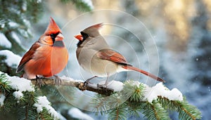 Cardinal couple perched on snow covered evergreen branch in winter