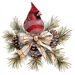 A cardinal perched on a bunch of pine cones tied with a bow. Watercolor on white background