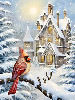 Cardinal Perched on Snow Covered Branch by Snow Covered Cottage Watercolor Painting