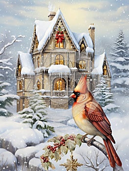 Cardinal Perched on Snow Covered Branch by Snow Covered Cottage Watercolor Painting