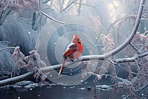 A cardinal perched on a tree branch in late winter