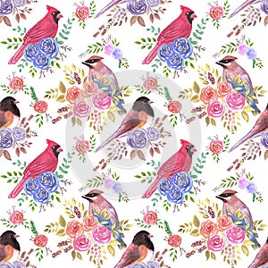 Cardinals juncos and waxwings on rose blossoms- Seamless birds watercolor background photo