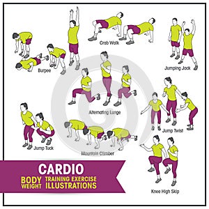 Cardio bodyweight training exercise illustrations photo