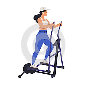 Cardio workout on elliptical machine. Woman exercising in gym, walking on sport equipment. Active training
