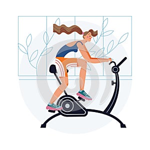 Cardio workout of girl in gym or home, sporty woman training on exercise bike indoor