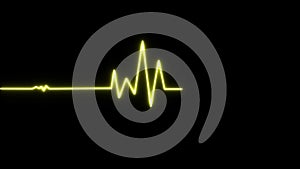 Cardiogram on black background. Yellow neon line pulse trace on black background. Cardiogram Cardiograph Oscilloscope Screen, ECG
