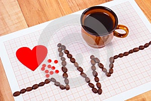 Cardiogram line of coffee grains, cup of coffee and supplement pills, medicine and healthcare concept