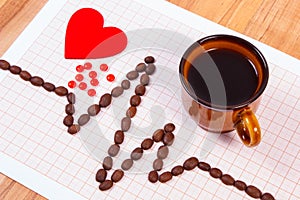 Cardiogram line of coffee grains, cup of coffee and supplement pills, medicine and healthcare concept