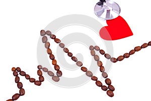 Cardiogram line of coffee grains, red heart and stethoscope