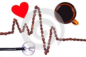 Cardiogram line made of coffee grains, red heart and stethoscope, medicine and health care concept